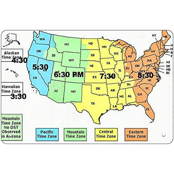 US Time Zone Map, Retro Funny Metal Sheet Sign, 8 x 12 Inches, Red, Orange, Yellow, Green