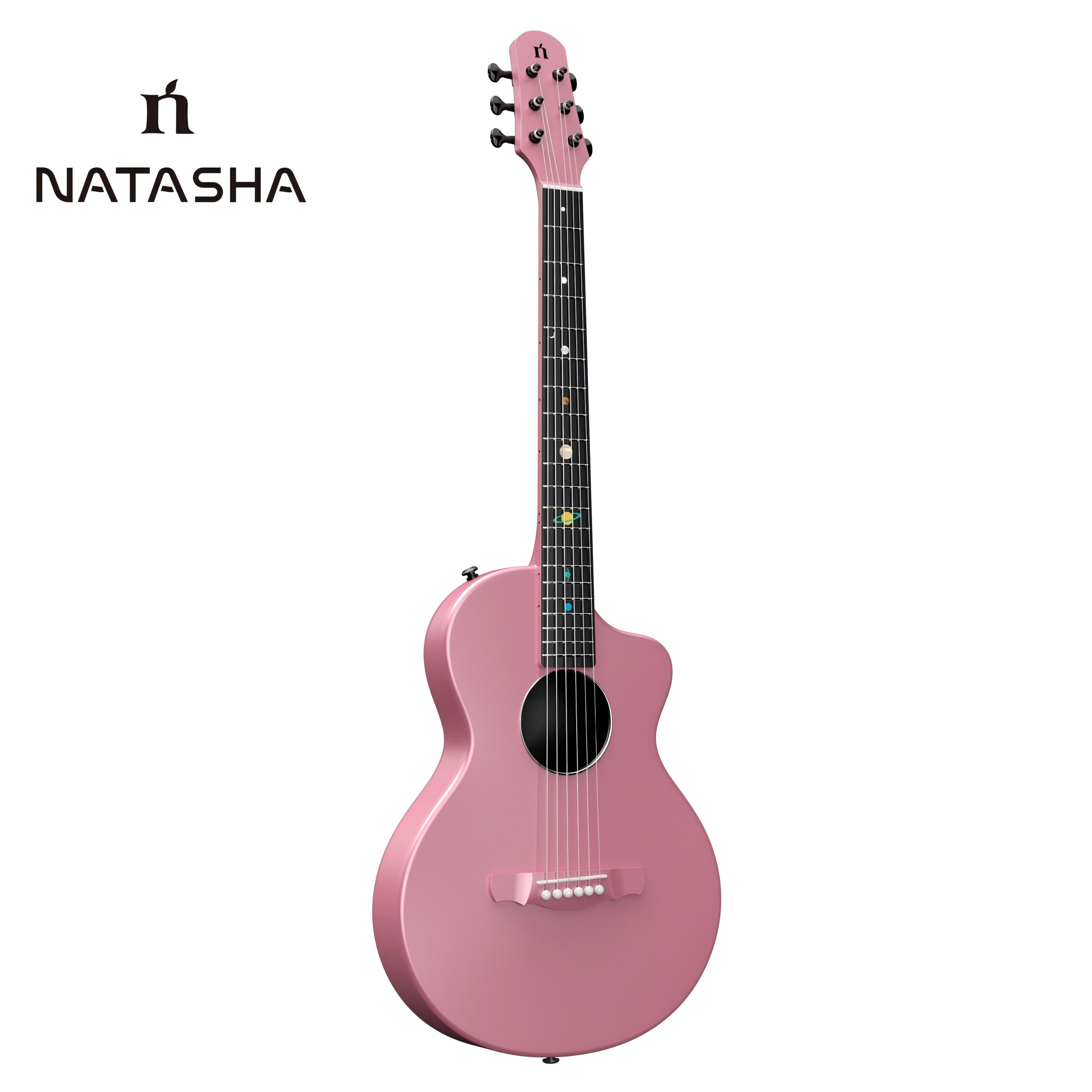 Natasha Solar System Asteroid Carbon Fiber 38-inch Folk Guitar（Cherry Blossom Pink）. Premium guitar case and fretboard cleaning cloth.
