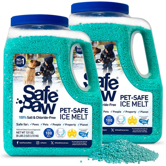 Safe Paw Pet Safe Ice Melt, 100% Salt and Chloride free with Traction Agent, Non-Toxic, Fast Acting, Lasts 3X Longer – 8 Lbs, 2 Pack
