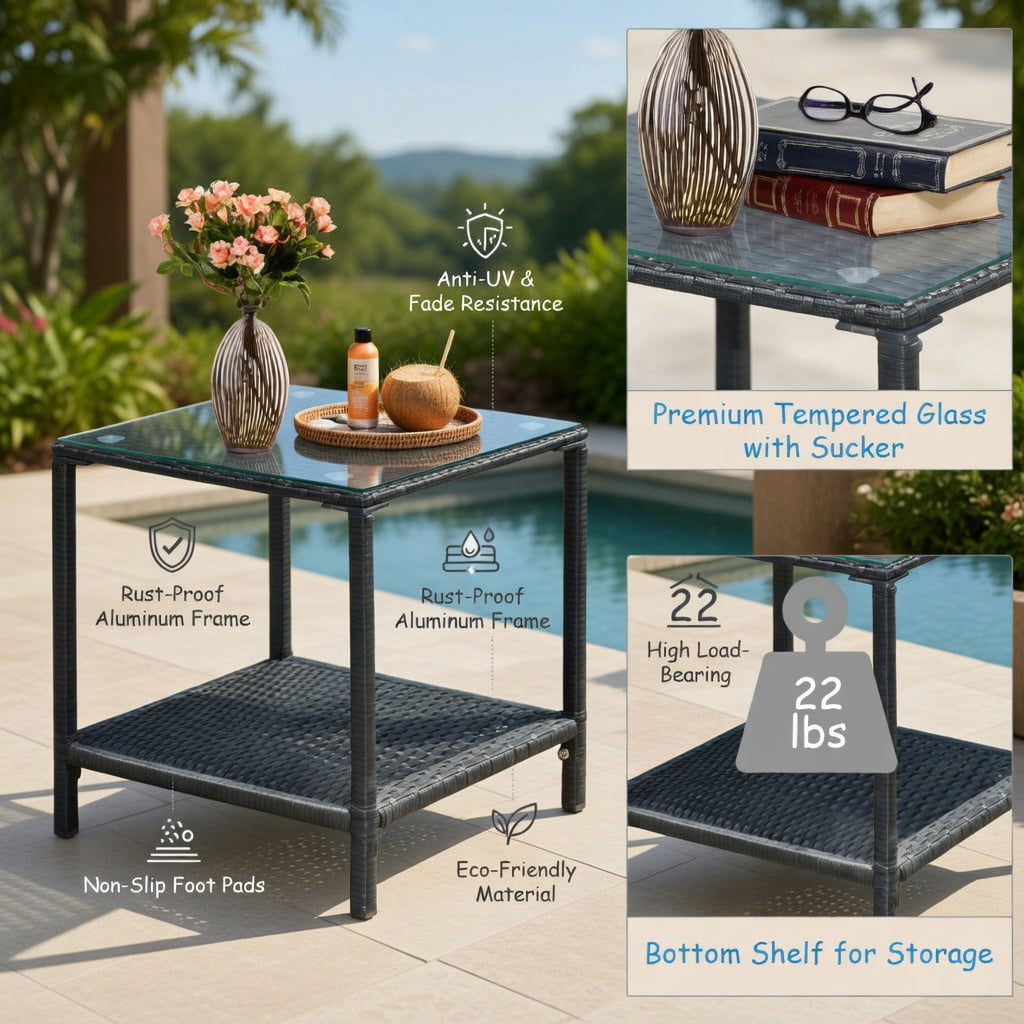 Hommoo 3-Piece Outdoor Wicker Rocking Bistro Set with Tempered Glass Coffee Table & Storage Shelf, Turquoise