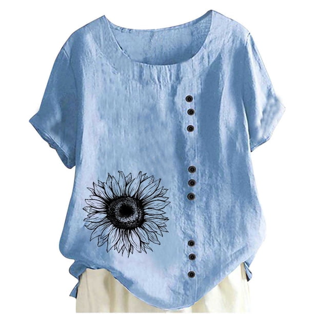 Camiseta Casual de Manga Corta con Botón de Cuello Redondo de las Mujeres, Tops Cortos para las Mujeres
