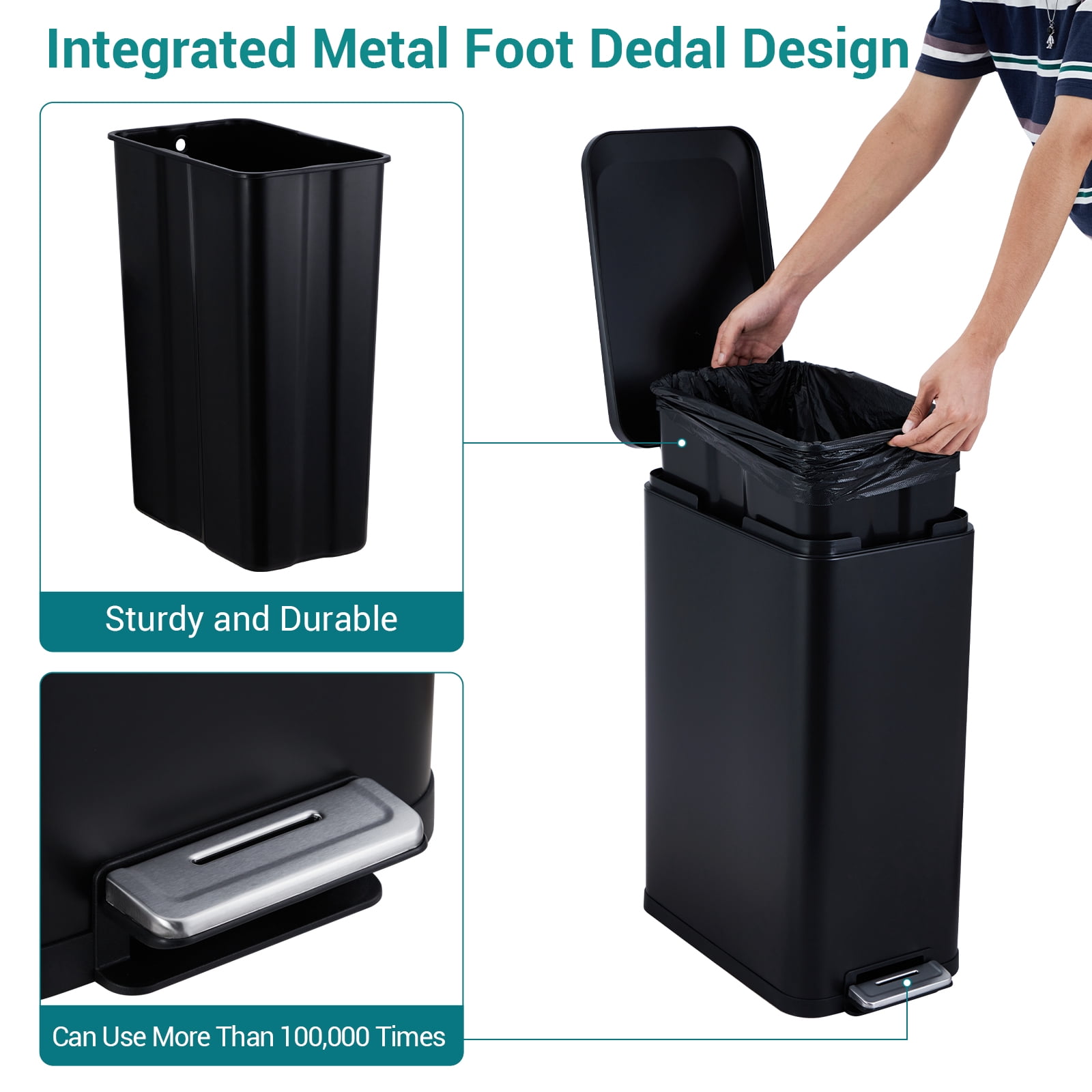 Gaderth 13 Gallon Step Trash Can, Stainless Steel Kitchen Garbage Bin with Soft-Close Lid & Removable Inner Bucket, Fingerprint-Resistant Slim Rectangle Design for Narrow Spaces