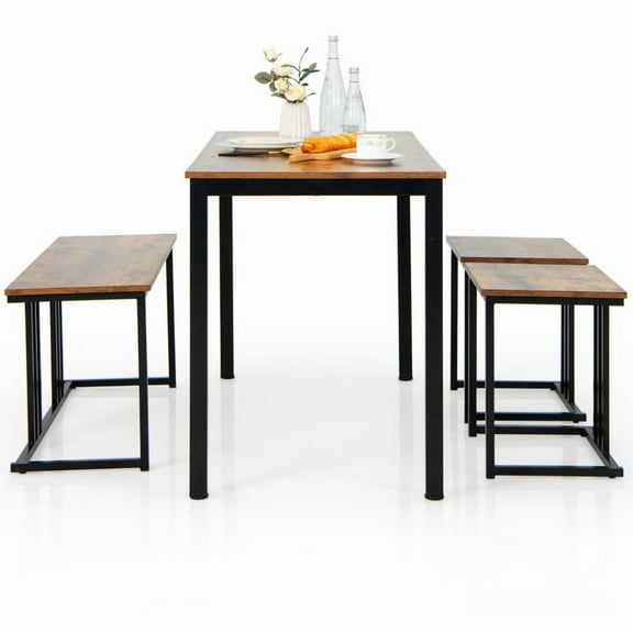 Spaco 4 Pieces Industrial Dining Table Set with Bench and 2 Stools-Brown, Dining Room Table, Modern Dining Set for Home, Kitchen, Dining Room