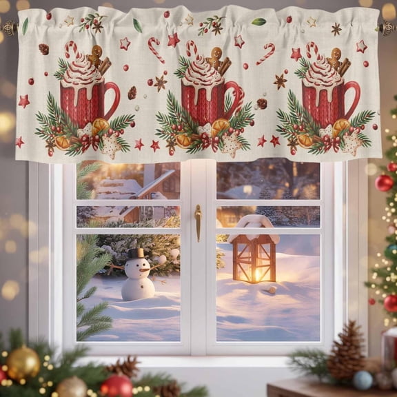 Christmas Valance for Kitchen Windows, Winter Pine Branches Xmas Candy Rod Pocket Valances Short Curtains, Cappuccino Retro Linen Curtain Valance for Bedroom Bathroom 1 Panel 54x18in