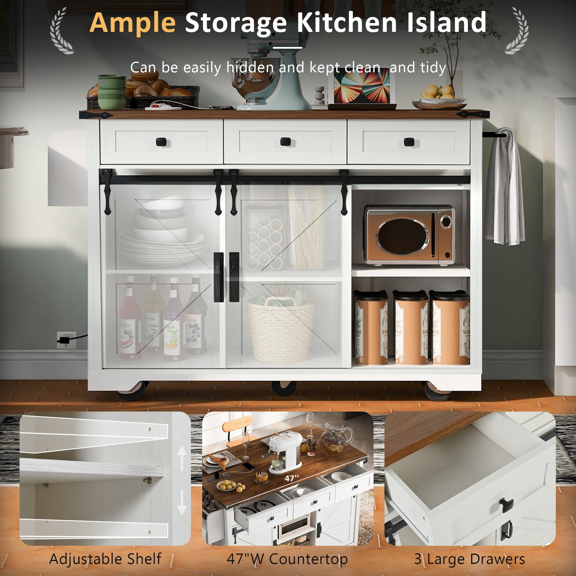 Alvantor 54'' Kitchen Island with Drop Leaf & Power Outlet, Countertop on Wheels Rolling Microwave Utility Carts with Spice Rack and Drawer White