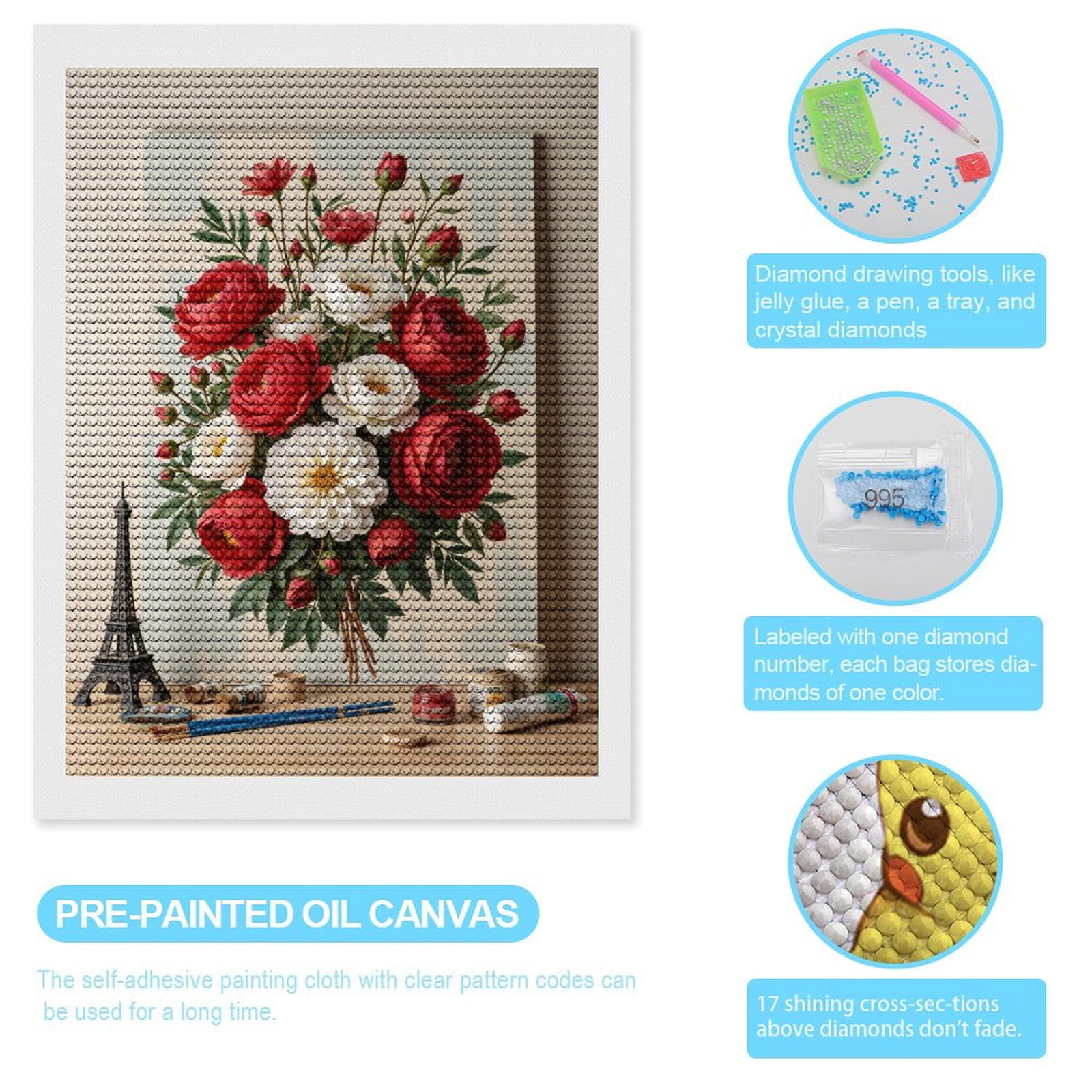 Diamond Art Kits for Adults, Floral Art Canvas Red White Blossoms 5D Diamond Painting Kits for Adults Beginners, DIY Full Drill Diamond Painting, Gem Art and Crafts 12x16