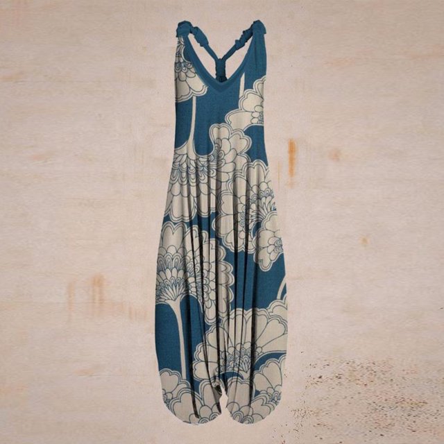 ICHUANYI Clearance Women Casual Vintage Print Backless V-Neck Sleeveless Playsuit Jumpsuit(White, XXL) Ichuanyi Ichuanyi
