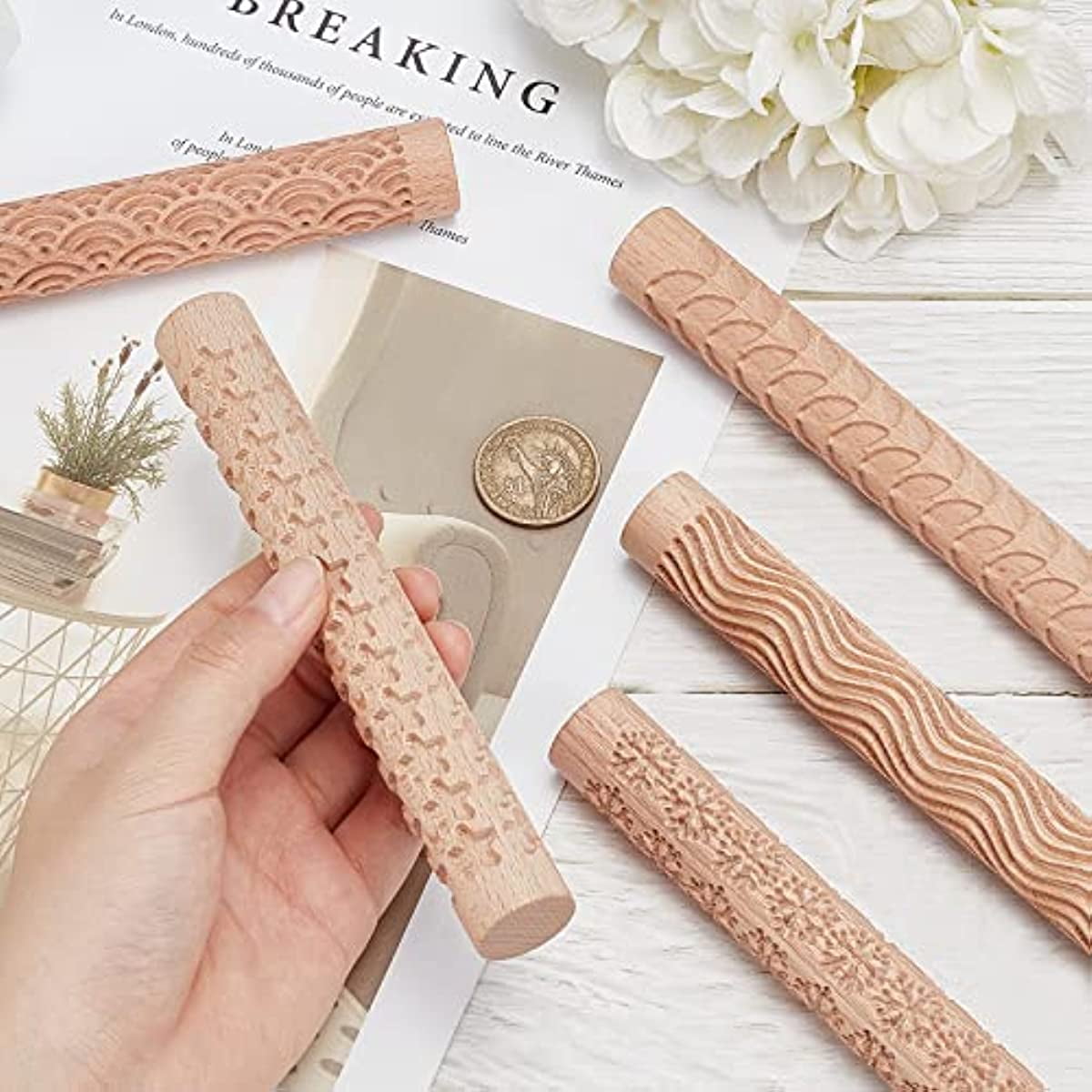 6 Piece Clay Rolling Pin Textured Hand Roller Wooden Handle Pottery Tools  Set Durable Easy To