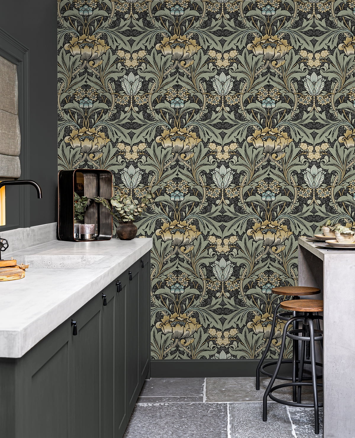 NextWall Charcoal & Goldenrod Acanthus Floral Peel and Stick Wallpaper