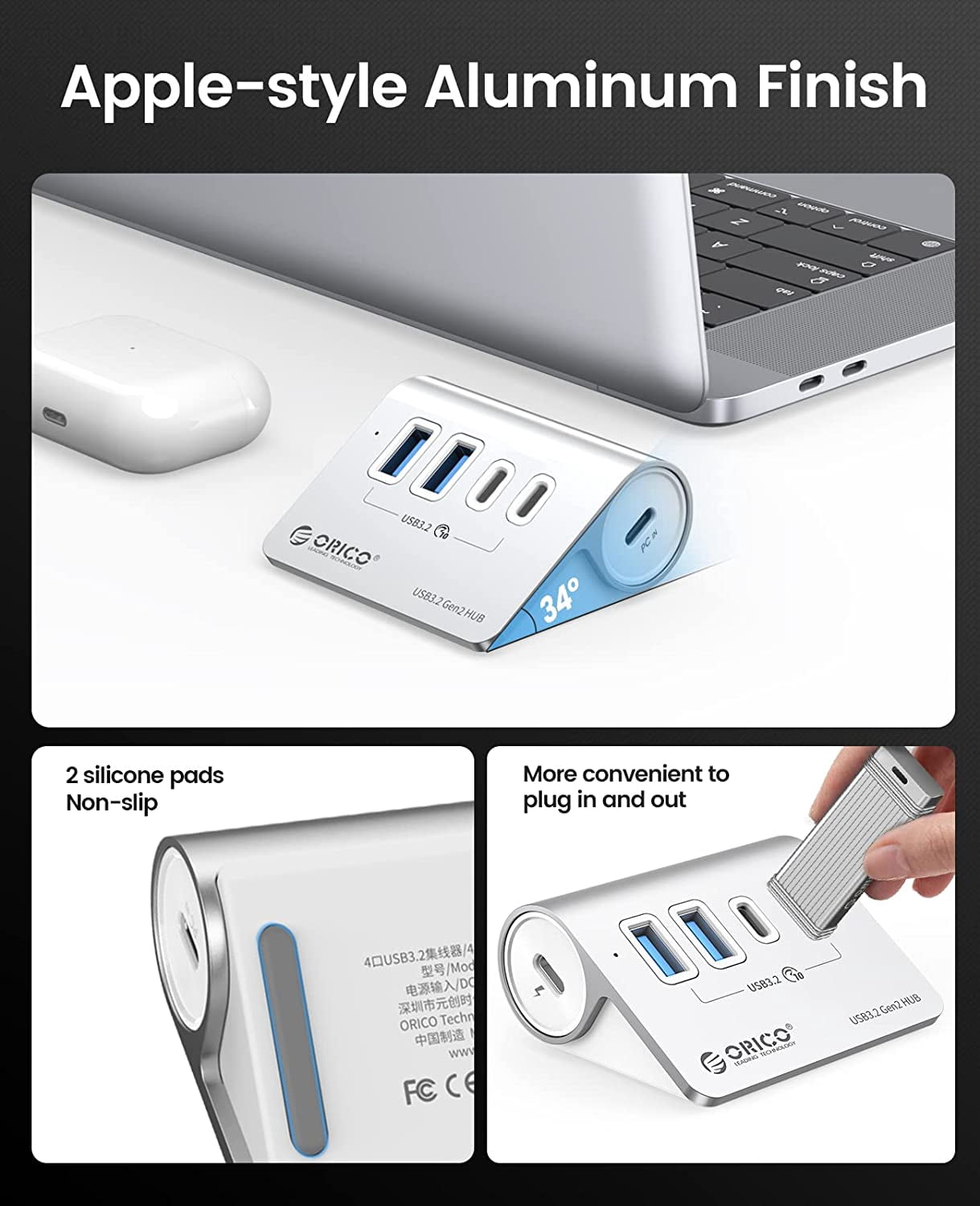 ORICO USB Hub for Laptop Desk USB Splitter Hub Mini Hub with 1.64ft USB-C Cable-10Gbps USB 3.2 Gen 2 USB Adapter for iMac, MacBooks, Laptop, Xbox, Flash Drive