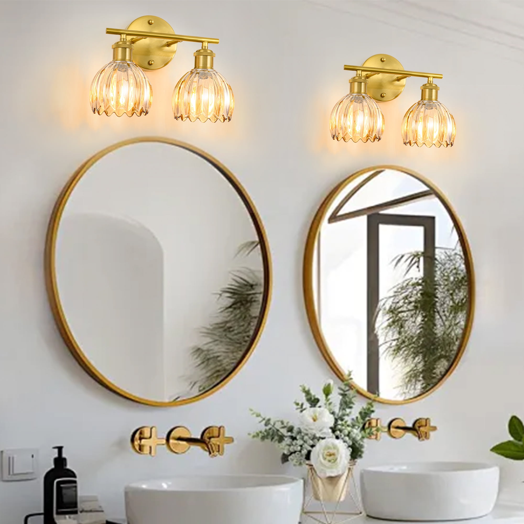 GCGAFUL Modern Gold Bathroom Vanity Light Fixtures, 12 in. 2-Light Bathroom Lights Fixtures Over Mirror with Amber Tulip Glass Shade