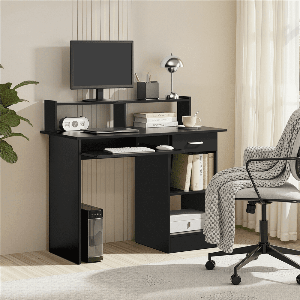 Yaheetech Home Office Computer Desk Laptop Table with Drawers Storage Shelf Keyboard Tray Black
