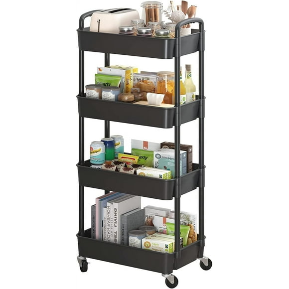 LAICAIW 4-Tier Plastic Rolling Utility Cart with Handle, Multi-Functional Storage Trolley for Office, Living Room, Kitchen, Movable Storage Organizer with Wheels, Black