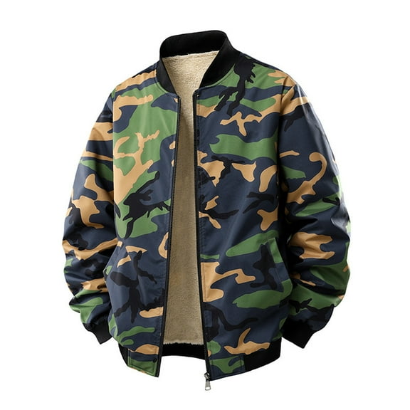 WTOBBY Men's Camouflage Baseball Jacket with Stand-Up Collar and Fleece Lining, Windproof Winter Outdoor Lamb Fleece Jacket for Casual and Sports Wear,Army Green L