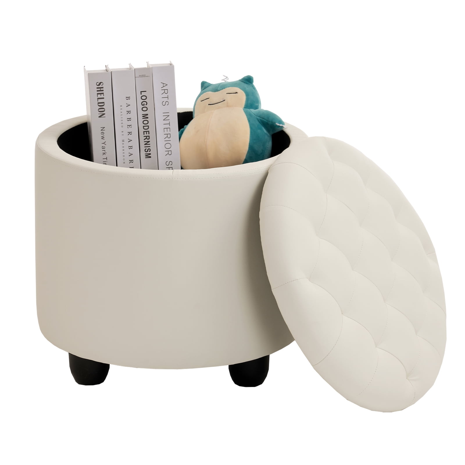 Furniliving Modern Round Storage Ottoman Tufted Footrest Stool Ottoman Bench for Living Room, Bedroom and Office, Faux PU-IvoryWhite