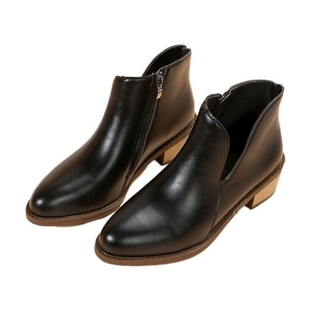 

Lovskoo 2024 Ankle Chunky Boots for Women Pointed Toe Chunky Heel Casual French Solid Color Waterproof Low Heel Zipper Leather Short Booties Black