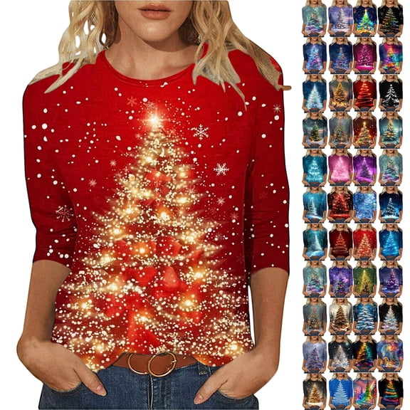Horkkom Christmas Shirts for Women Christmas Tree Print Crew Neck 3/4 Length Sleeve Tops Holiday Xmas Funny Casual Shirts L, Gifts for Women