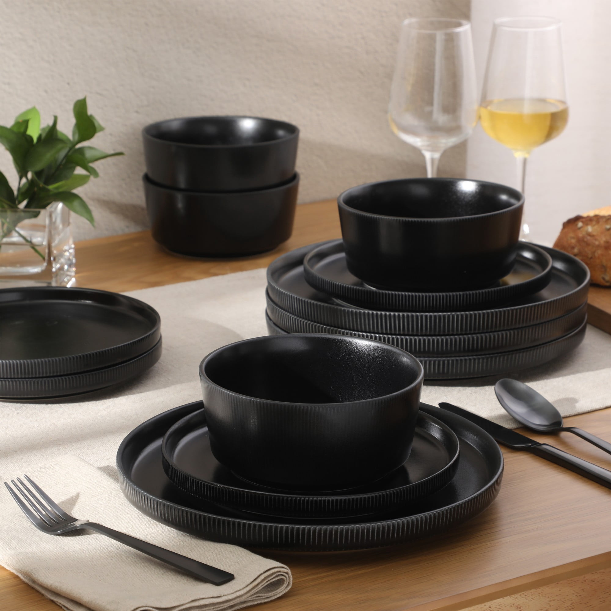 Gibson Home Dempsey Road 12-Piece Stoneware Dinnerware Set – Service for 4, Round Black Plates and Bowls, Durable Solid Color Modern Embossed Dish Set, Microwave & Dishwasher Safe