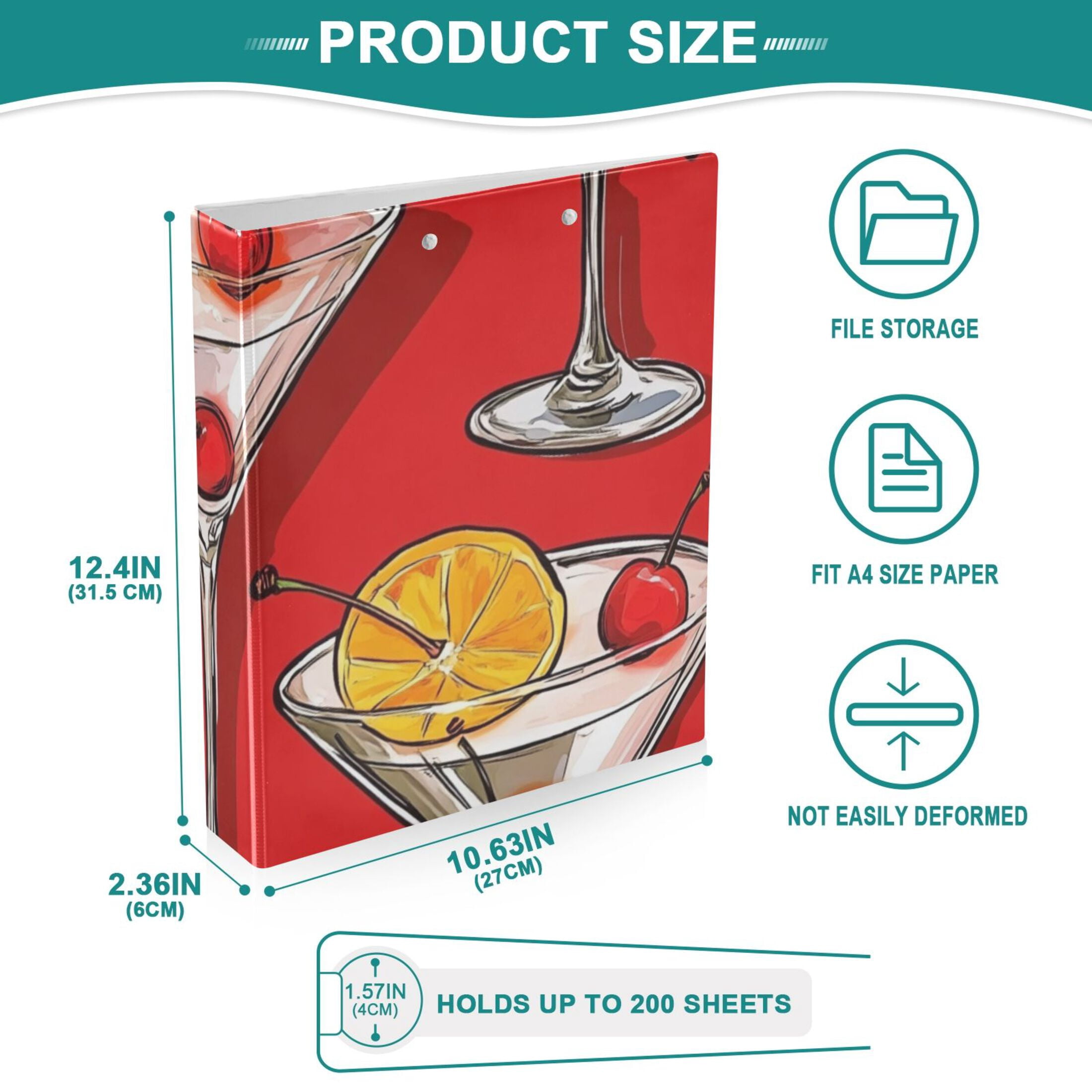 Glasses with Orange Slices Cherries 3 Ring Binders 1.5 inch Hardcover File Folders with Interior Pockets A4 Size Organizer for School Office Hospital