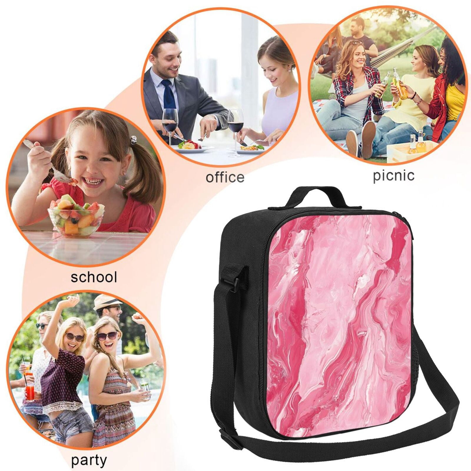 Thermal Insulation One Shoulder Portable Bento Bag Can Be Reused 8×10.5in For Carrying Drinks Bento Box Fruit Snacks Pink Marble_21256_4