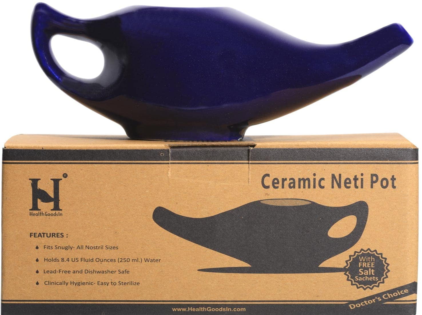 Ceramic Neti Pot Violet Color for Nasal Cleansing with 5 Sachet Neti Salt