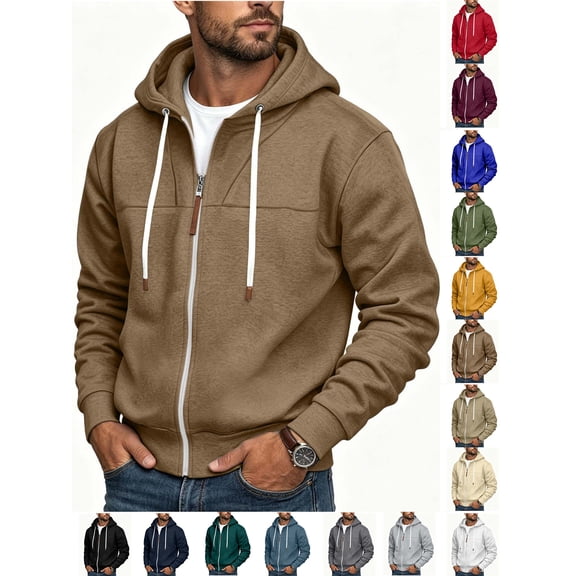 Mens Zip up Hoodie Zaewscy Men's Solid Color Full Zip Hoodie Long Sleeve Casual Hooded Sweat Jacket with Drawstring Brown XXXL