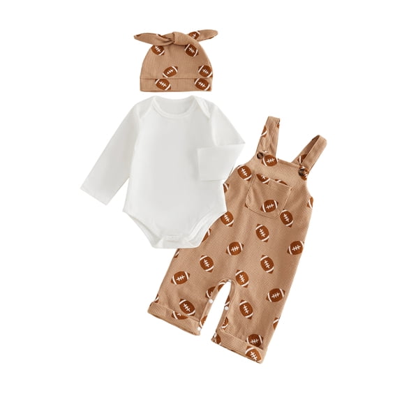 RUINIXCW Baby Boys 3Pcs Football Outfits Long Sleeve Romper with Overalls Pants Hat Set Newborn Clothes