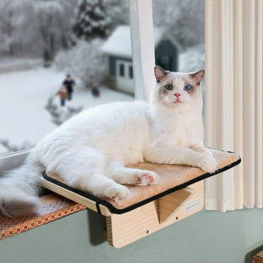 Petsfit Cat Window Perch Natural Solid Wood with Removable Fleece Mat, Safety Sturdy Cat Perch, Fit for Windows/Door/Drawer