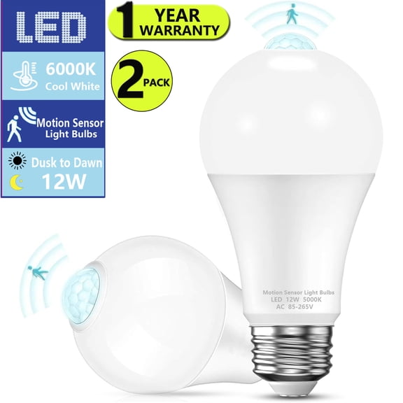 JUSTITUDE Motion Sensor Light Bulbs , [2Packs] Dusk to Dawn , 12W 100W Equivalent, Movement Activated Security LED Bulb, 5000K Cool White, for Outdoor Indoor, Porch Garage Basement Hallway Closet﻿