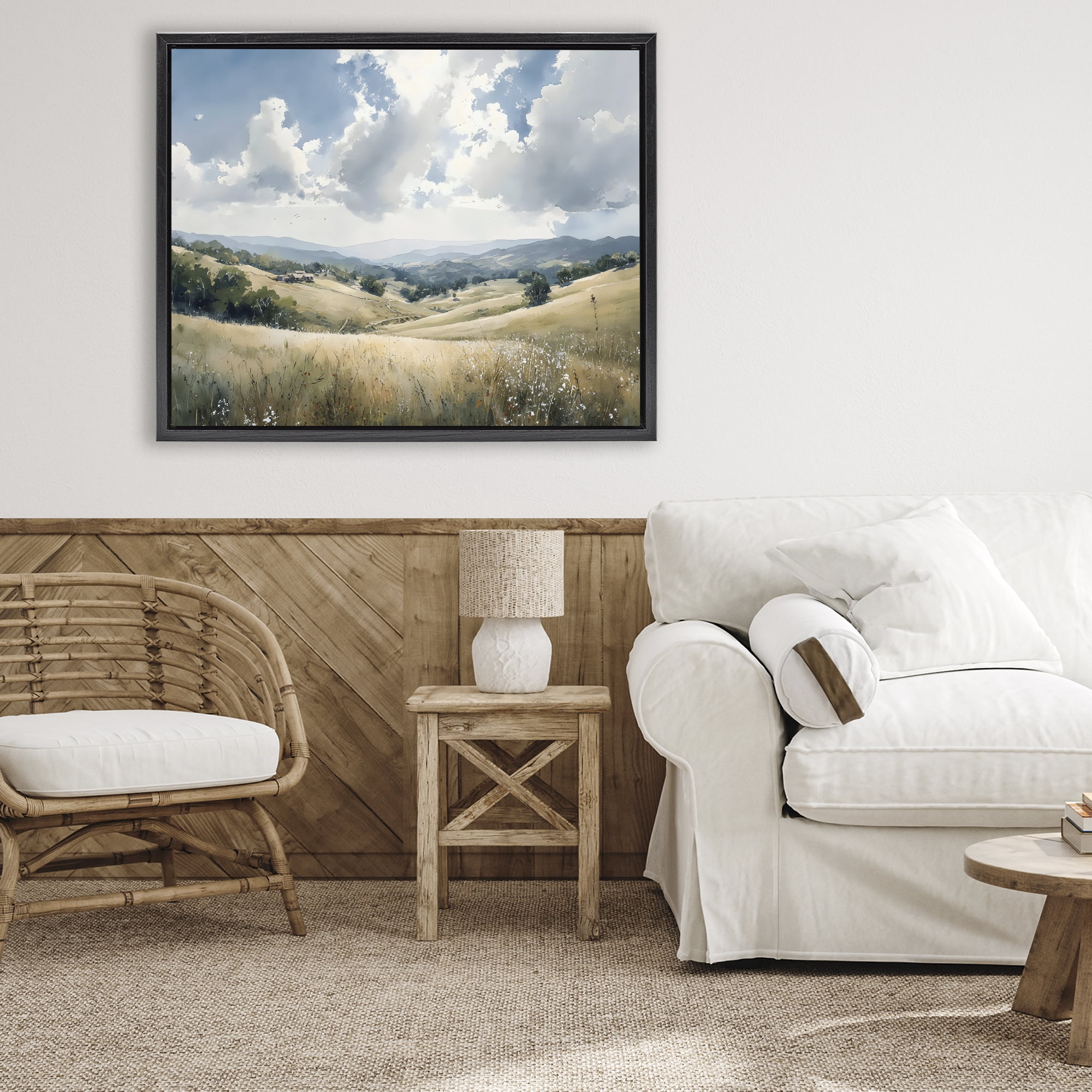 Stupell Industries Distant Hill House in Meadow Black Framed Floater Canvas Wall Art, design by Franklyn Gregory