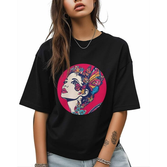 T Shirts for Women Short Sleeve Cotton Crewneck T-Shirt, Abstract Woman Butterfly Red Tee Tops Casual Basic T-Shirts, XS-5XL Black XS