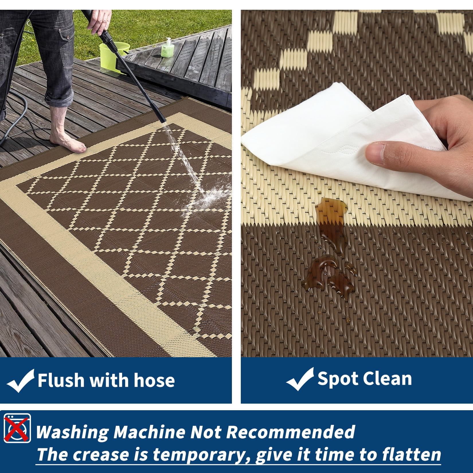 HIWEAVER 9' x 18' Brown Outdoor Rug PP Plastic Straw Woven Waterproof Patio Rug with Border Portable Outside Carpet for Balcony Deck Picnic Garden Decor