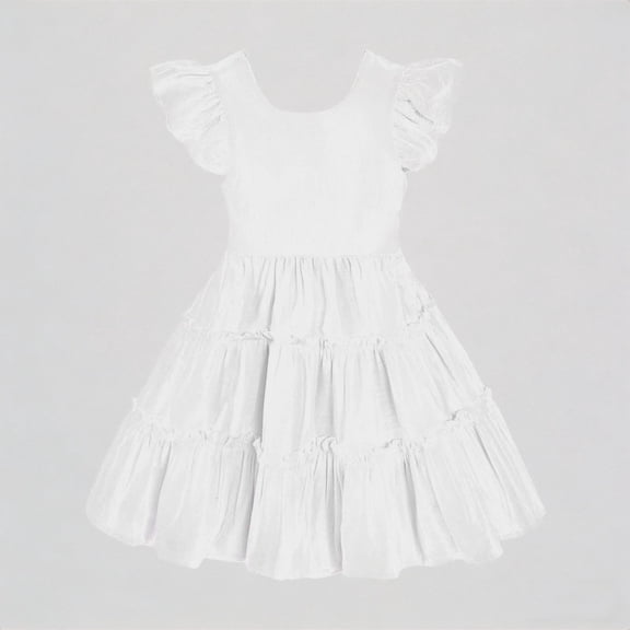 REDARER Girls Flutter Sleeve Tiered Ruffle Dress with Elastic Waist Linen Blend Casual A-Line Outdoor Play Dress for Kids,3-4 Years