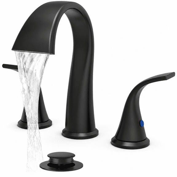 Black 8 Inch Waterfall Two Handle Bathroom Sink Faucet with Pop Up Drain and Supply Hoses