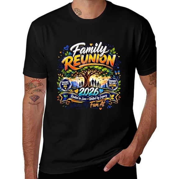 Potopok Vintage Family Reunion 2026 – Where My Fam At & Cute Tree Sunset on Soft Cotton Crew Neck Tee, for Gatherings & Everyday,Black - S