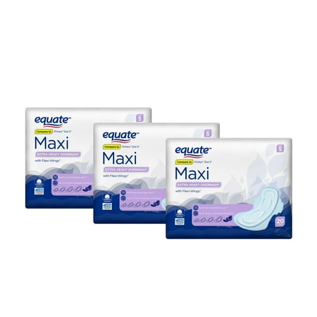 - (3 Pack) Equate Overnight Maxi Pads with Flexi-Wings, Extra-Heavy, 20 Ct