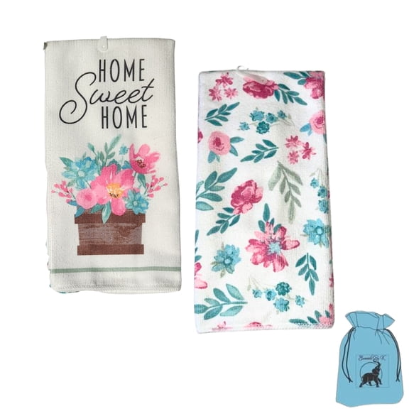2Pcs Kitchen Towels 15x25in Spring Flora Printed Reusable Absorbent Polyester Dishcloth for Home Bathroom Tea Bar Decorative Cloth Summer Farmhouse Housewarming Gift with EBK Bag