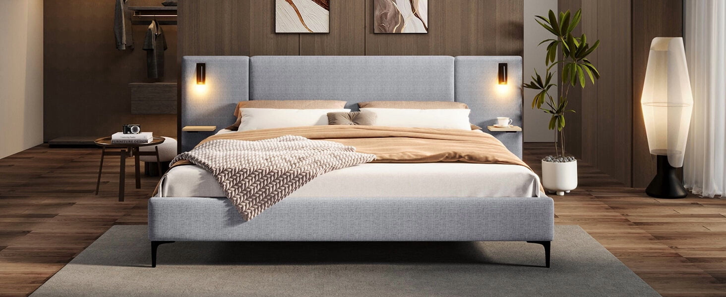 Bed Frames Chic Linen Upholstered Bed with Integrated Lights and Shelves, Grey, Queen,Adjustable Bed Base