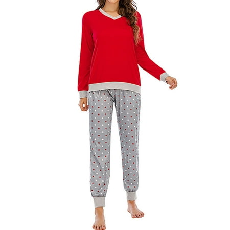 

HUBERY Women V Neck Long Sleeve Color Block Stitching Dots Printed Sleepwear Set