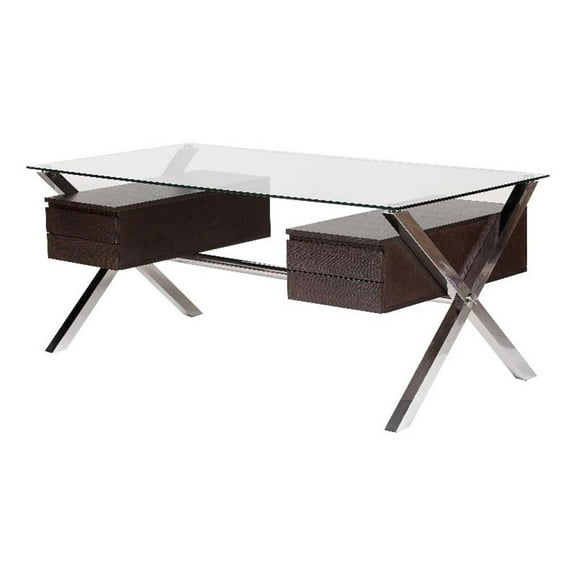 Pemberly Row Large Modern Tempered Glass & Wood Veneer Desk in Espresso