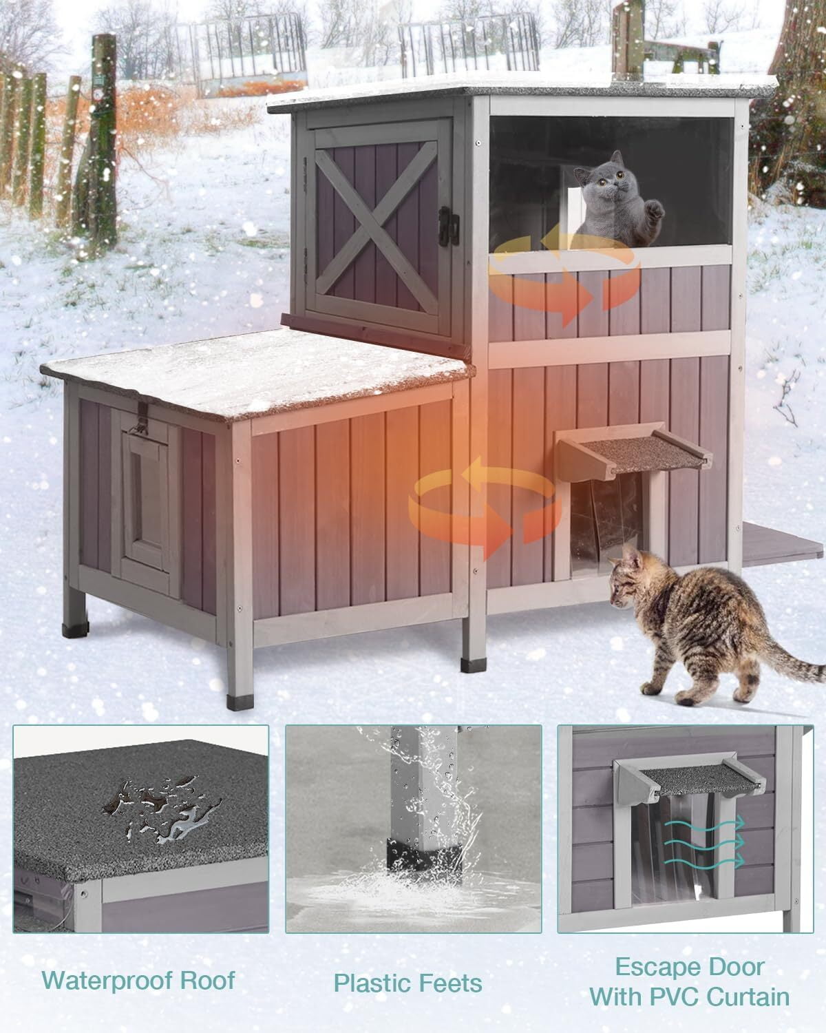 MEDEHOO Outdoor Cat House Weatherproof, Two-Story Wooden Cat Shelter with Escape Door, PVC Curtains, Removable Floor & Waterproof Roof, Raised Outside Cat House for Feral Cats