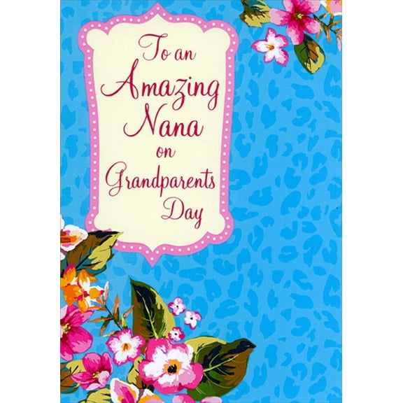 Designer Greetings Pink Flowers on Blue Animal Print Background Grandparent's Day Card for Nana