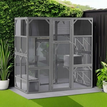 Pefilos 67" Large Cat House Wooden Catio Outdoor Cat Enclosure for Mulitiple Cats Walk in Cat Cage with Sunshine Board Roof, Gray