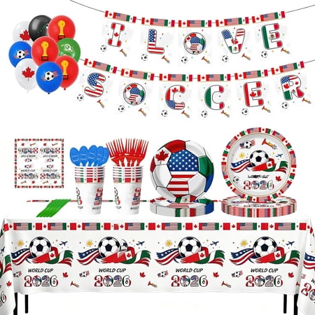 2026 World Soccer 102Pcs Birthday Party Decorations Includes Plates, Napkins, Cups, Banner, Tablecloths, Balloons, Cupcake Toppers for Decorations, Serves 10