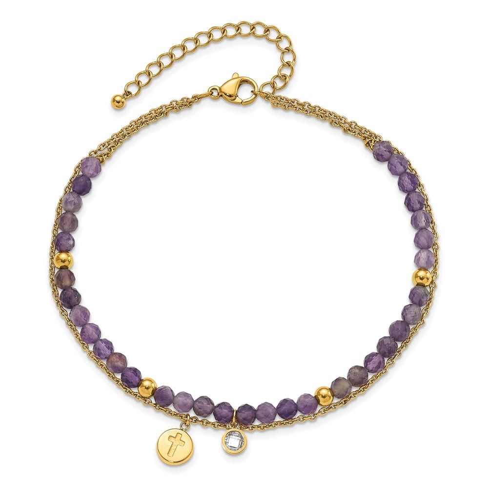 Auriga Fine Jewelry Stainless Steel Yellow IP-plated Amethyst and Crystal Cross 9 inch with 2" Ext. Anklet for Women