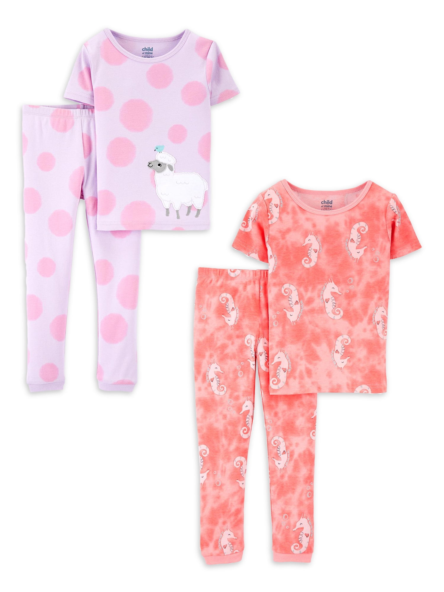 Carter's Child of Mine Baby and Toddler Girl Snug-Fit T-Shirt and Pant Pajama Set, 4-Piece, 12M-5T