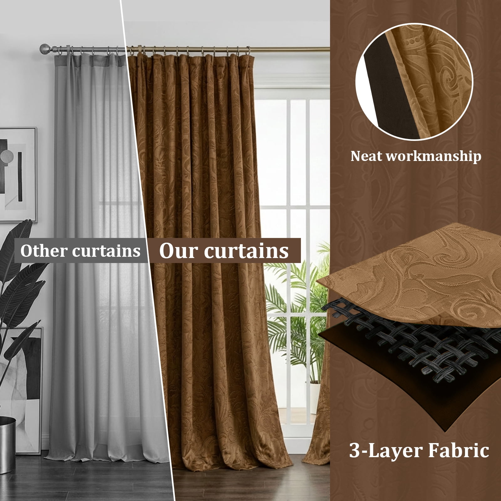 Lapalife Blackout Velvet Curtains, Scroll Floral Pattern Rod Pocket Thermal Insulated Velvet Curtain Drapes for Living Room, 2 Panels, 52"x 96", Golden Brown