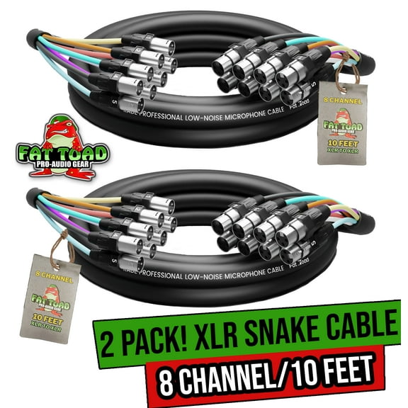 XLR Snake Cable 8-Channel 10ft (2-Pack) by FAT TOAD | Pro-Audio Shielded 3-Pin Balanced Patch Cables for Studio Stage, Live Sound & DJ Mixer