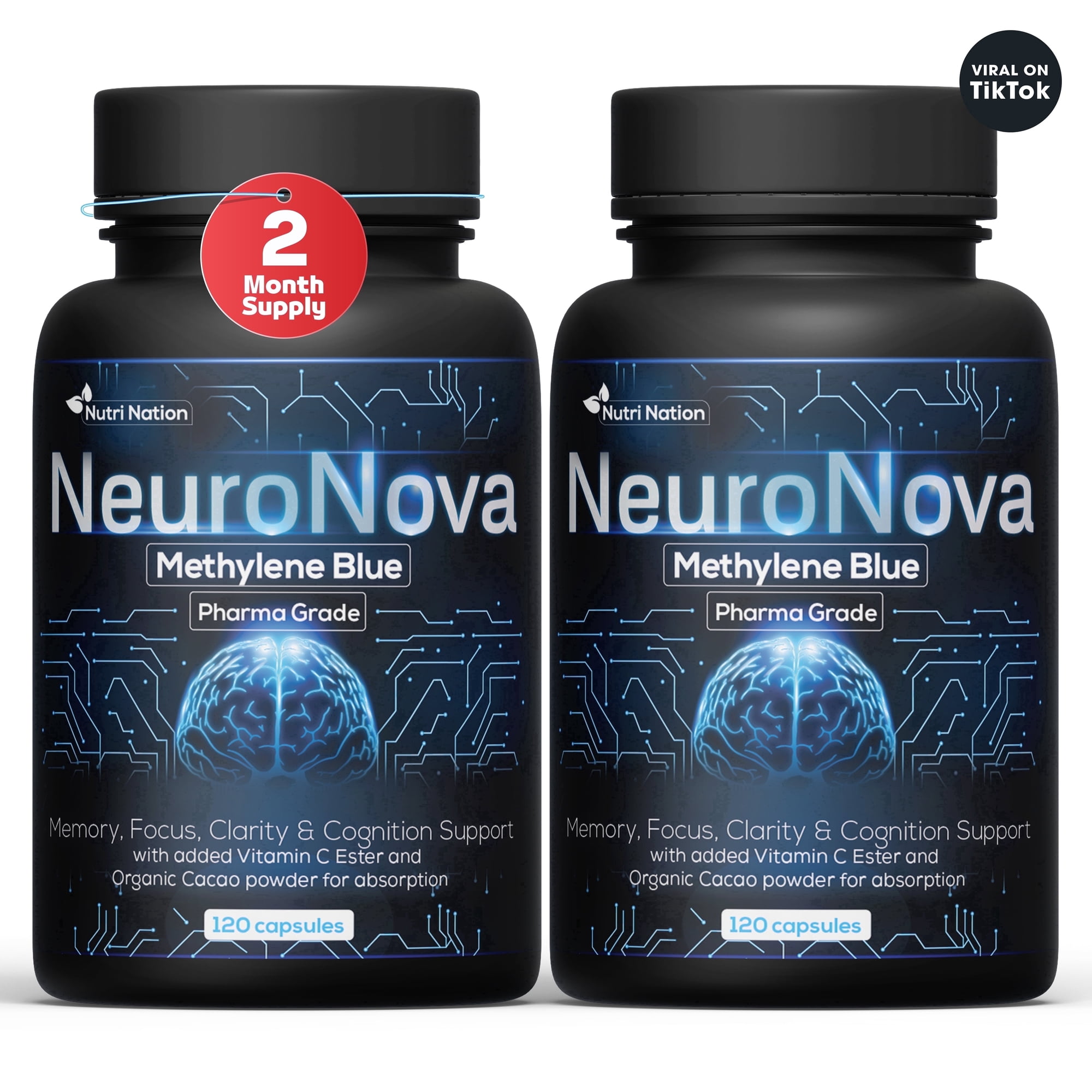 Nutri Nation Methylene Blue Pharmaceutical Grade Capsules, 12 mg, with Vitamin C Ester, 240 Count (2 x 120), Memory & Focus Support