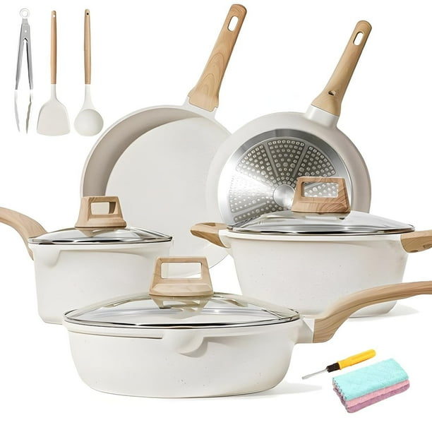 18 Piezas Juego de Sartenes - Bateria de Cocina Sartenes Antiadherentes con Tapa de Cristal, Ollas de Cocina para Placas de Inducción y Gas, Sartenes Minimalistas (Beige)